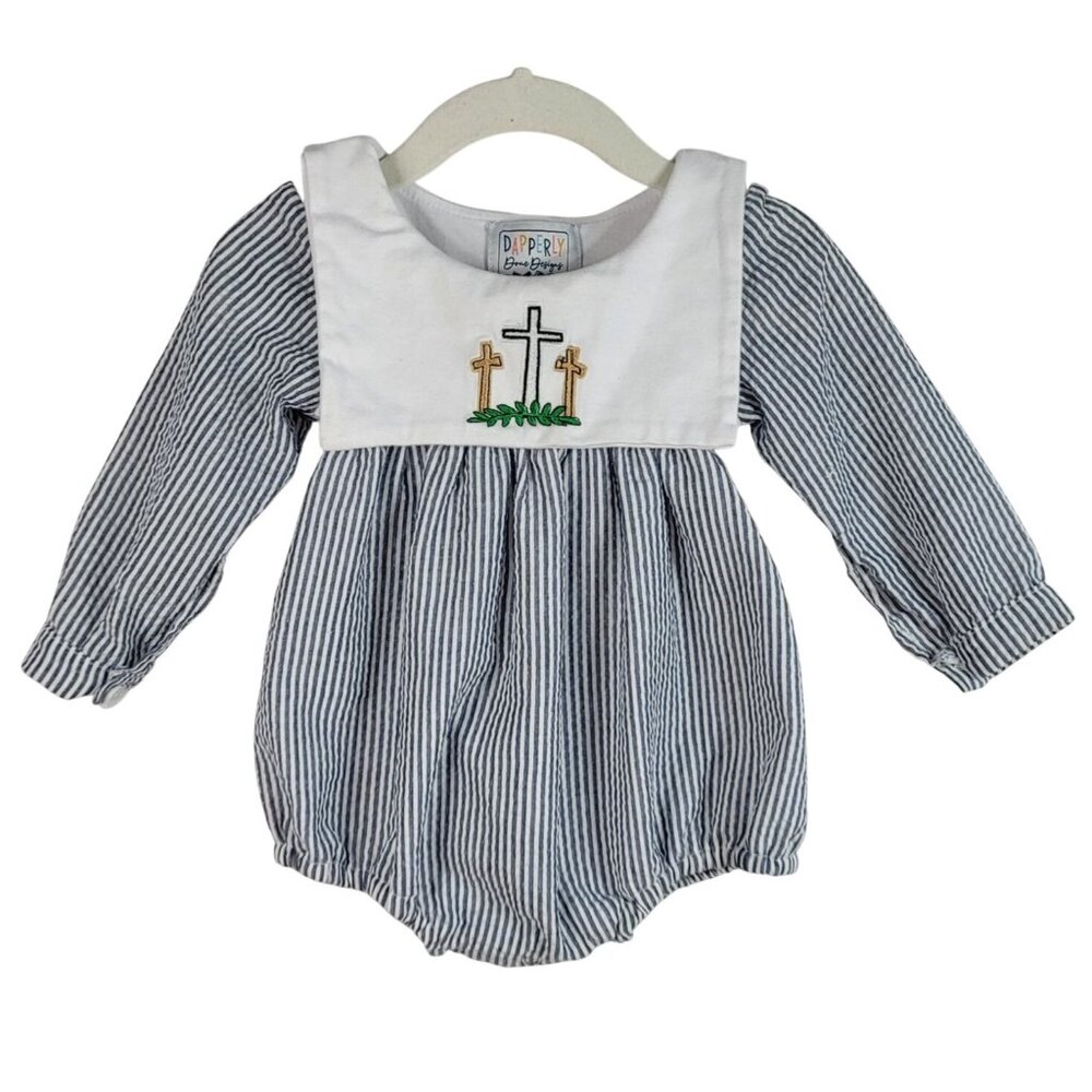 Dapperly Done Romper Blue White 6-12M Striped Seersucker Long Sleeve Baptism